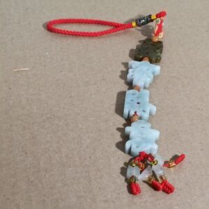 Carved 4 Stones Chinese Lucky Charm Red Cord Hanging Ornament Pendant 10" Long
